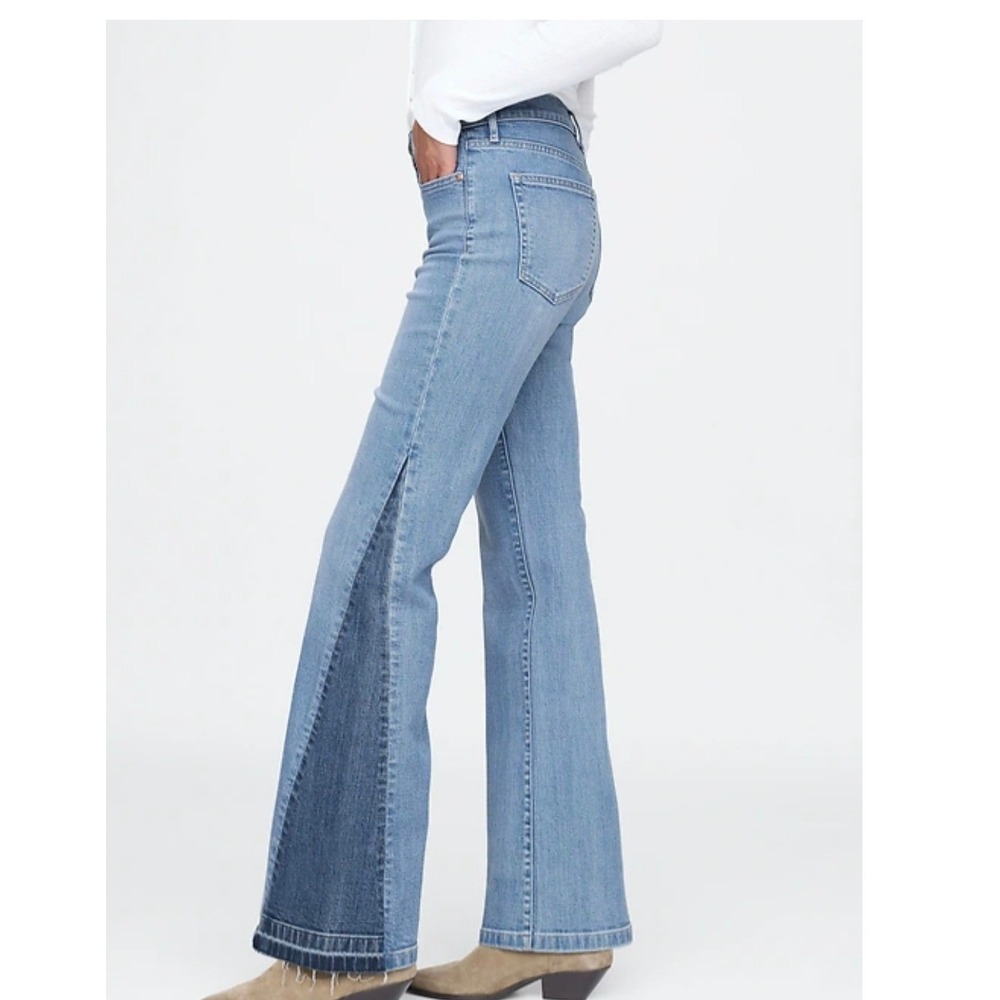GAP 70s Flare High Rise Patched Two Tone Jeans Light Wash Raw Hem 32 14R Womens - Picture 2 of 11